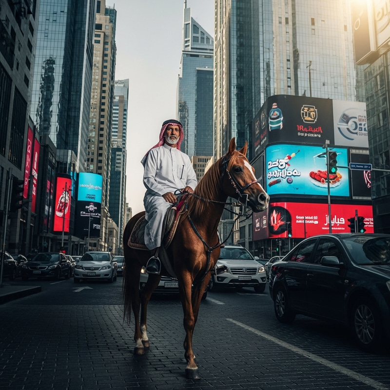 An Elderly Arab Riding a Horse in a Modern City An Elderly Arab Riding a Horse in a Modern City