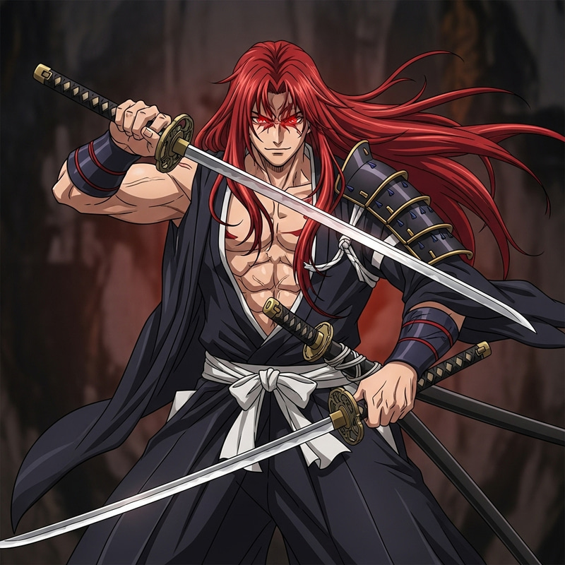 Muscular Anime Swordsman | Red-Haired Dual Katana Warrior