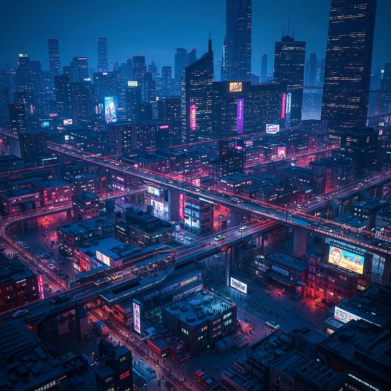 Vibrant Cyberpunk Cityscape at Night: Neon Lights & Activity