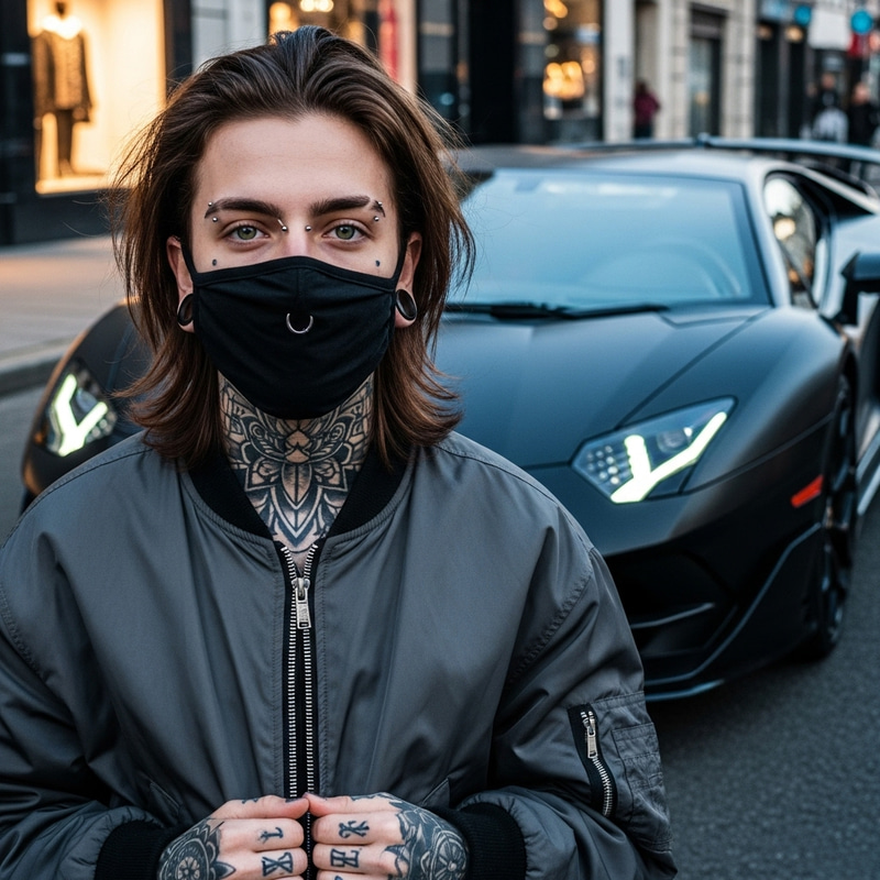 Mature Teen with Mask, Tattoos, Gray Jacket & Green Eyes, Brown Hair, Piercings, and Lamborghini in Background, 4K