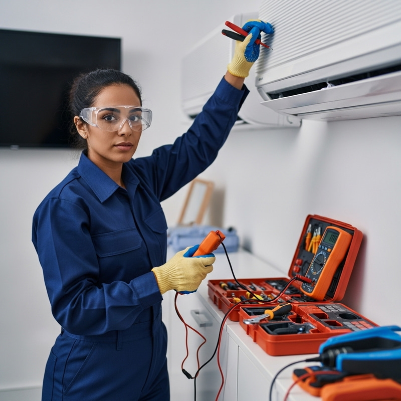Hispanic Female Film Character Performing Air Conditioner Maintenance