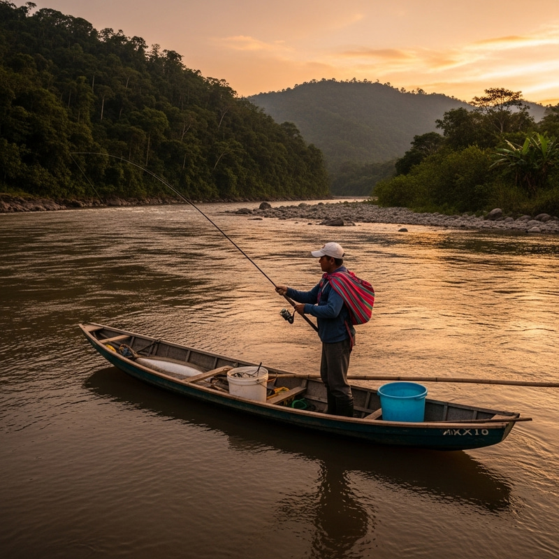 Peaceful Fishing by Murky Huayabamba River in Peru Peaceful Fishing by Murky Huayabamba River in Peru