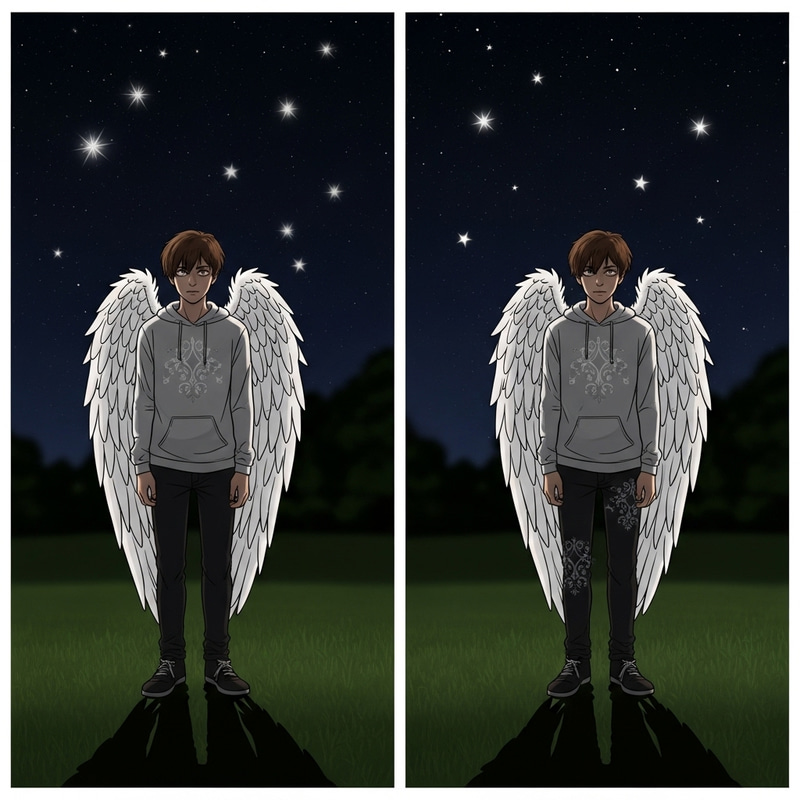 Mysterious Teenage Boy in Angel Wing Attire at Night