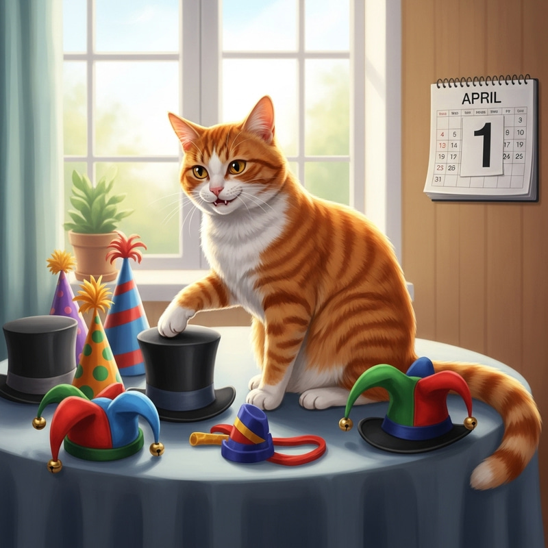 April 1st Cat Scene: Playful Tabby & Silly Hats April 1st Cat Scene: Playful Tabby & Silly Hats