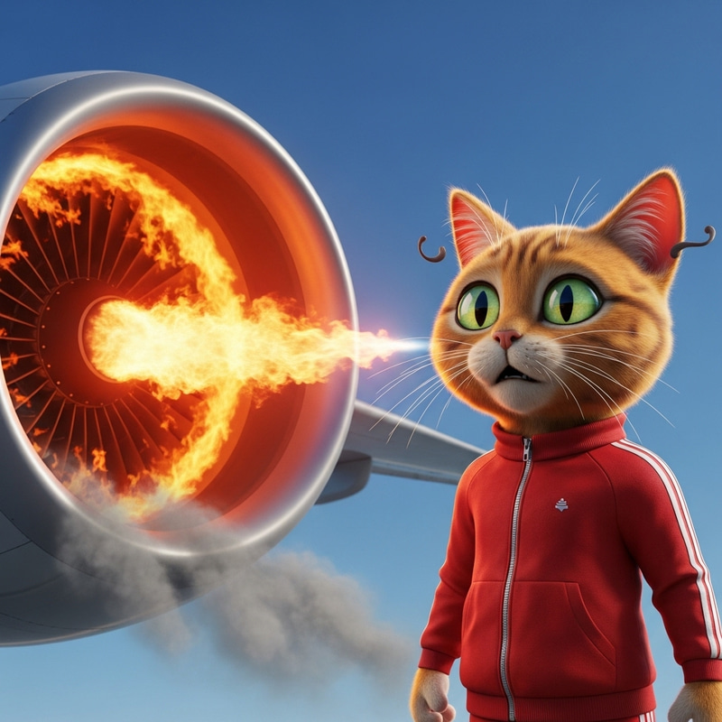 Hyperrealistic Cartoon Cat in Red Track Suit Witnessing Airplane Engine Fire Hyperrealistic Cartoon Cat in Red Track Suit Witnessing Airplane Engine Fire