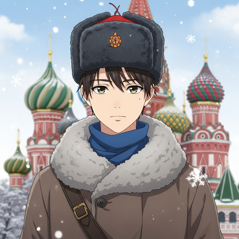Winter Anime Illustration of Handsome Russian Teenage Boy