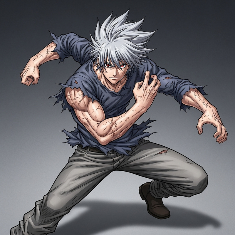 Dynamic Anime Character with Wild Silver Hair in Intense Fighting Pose