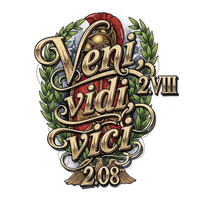 Resilient Roman Tattoo Design with Latin Phrase 'Veni, vidi, vici' in Intricate Style Resilient Roman Tattoo Design with Latin Phrase 'Veni, vidi, vici' in Intricate Style