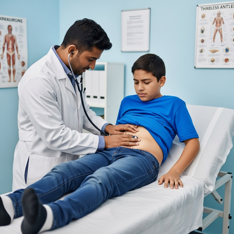 Doctor Examines Aching Belly of Twelve-Year-Old Boy Doctor Examines Aching Belly of Twelve-Year-Old Boy