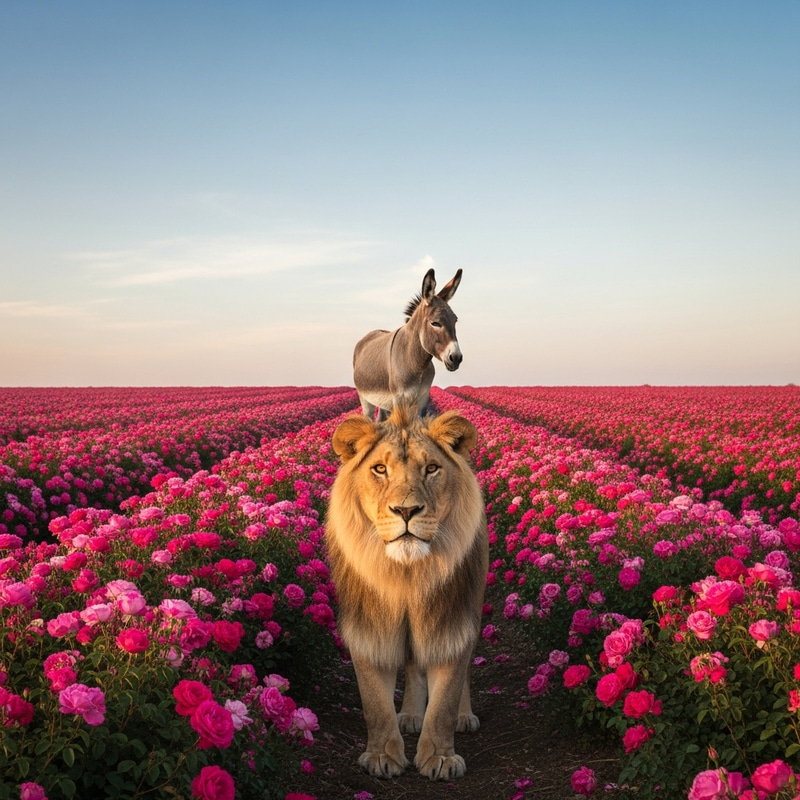 Lion and Donkey on Rose Field