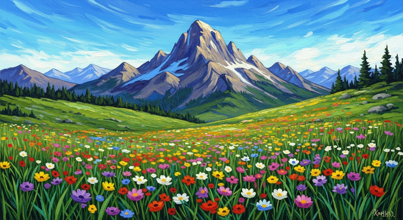 Majestic Mountain Peak & Colorful Wildflowers in Impressionistic Artwork Majestic Mountain Peak & Colorful Wildflowers in Impressionistic Artwork