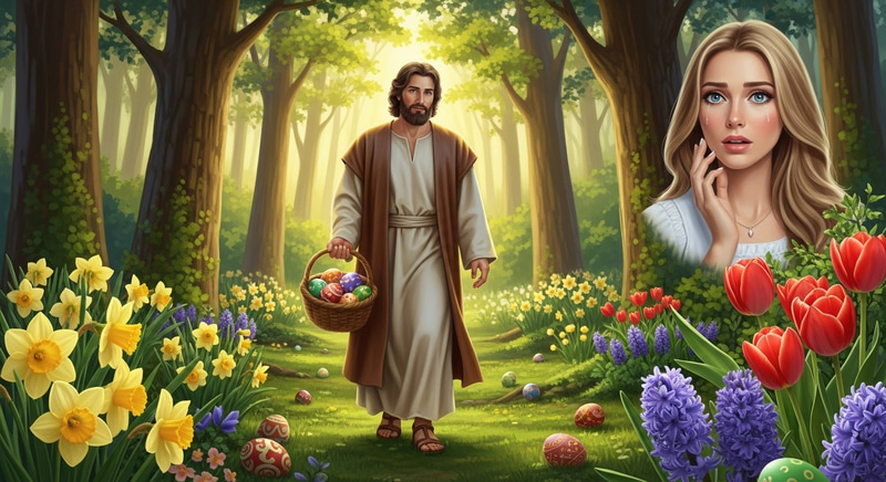 Vibrant Forest Scene: Jesus with Easter Eggs & Flowers Vibrant Forest Scene: Jesus with Easter Eggs & Flowers