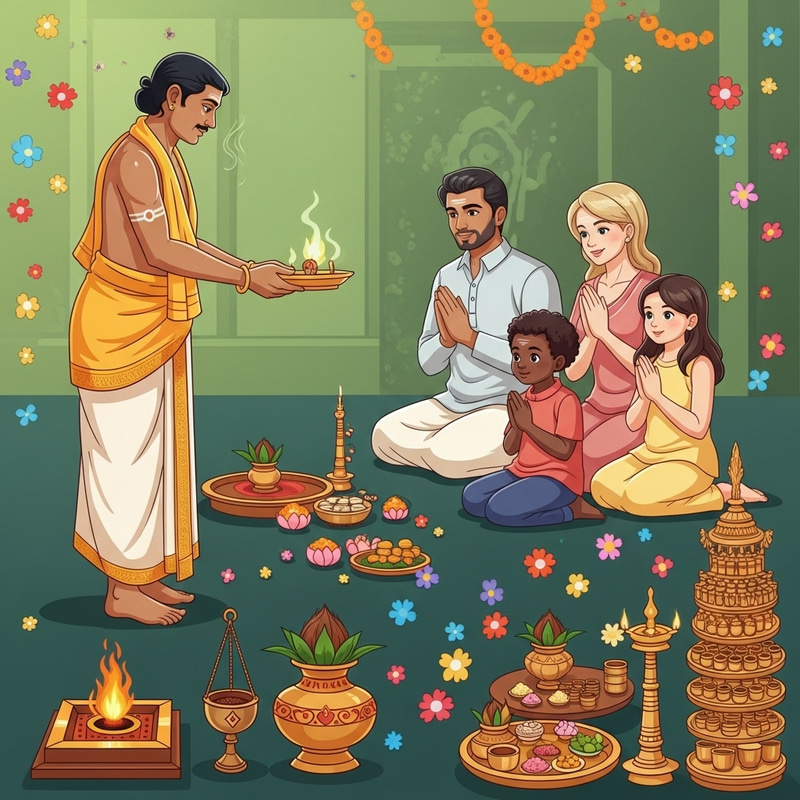 Sacred Hindu Priest Ritual with Devotee Family | Website Name Sacred Hindu Priest Ritual with Devotee Family | Website Name