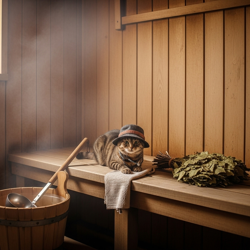 Cat in Hat in Russian Bathhouse - Authentic and Relaxing Scene Cat in Hat in Russian Bathhouse - Authentic and Relaxing Scene