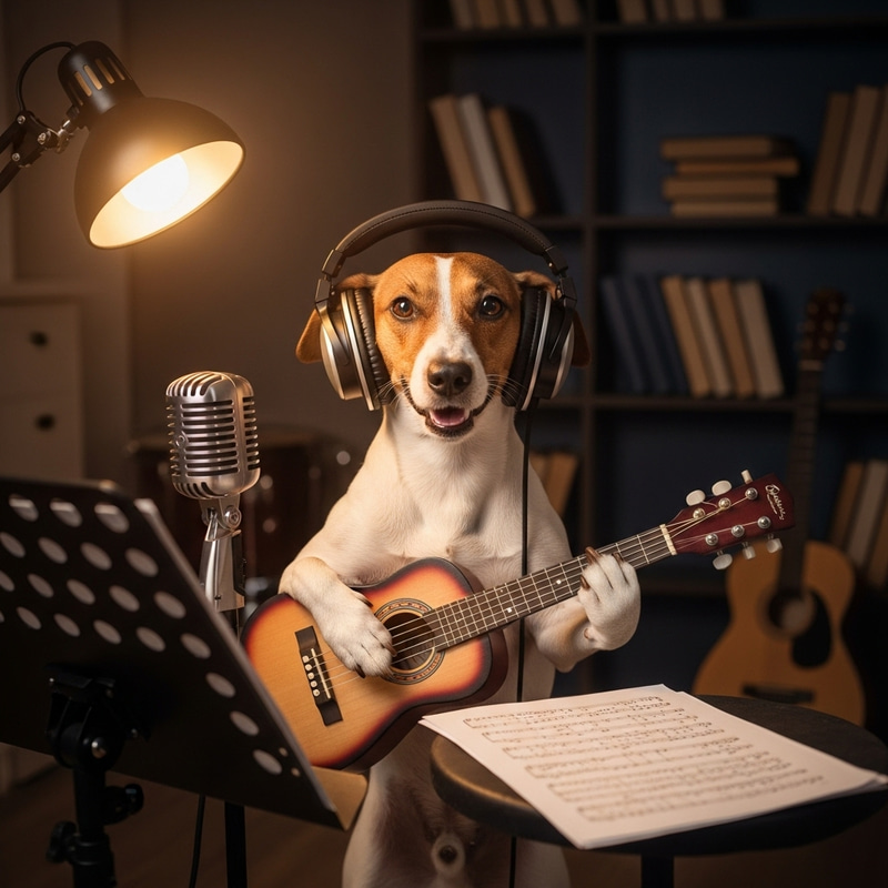 Professional Dog Musician: Guitar Strumming & Headphone Listening Professional Dog Musician: Guitar Strumming & Headphone Listening