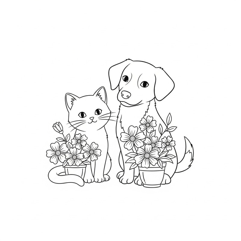 Cat and Dog with Flowers Coloring Pages - Outline Cartoon Style