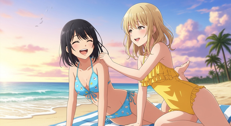 Vibrant Beach Moment with Youthful Anime Friends Vibrant Beach Moment with Youthful Anime Friends