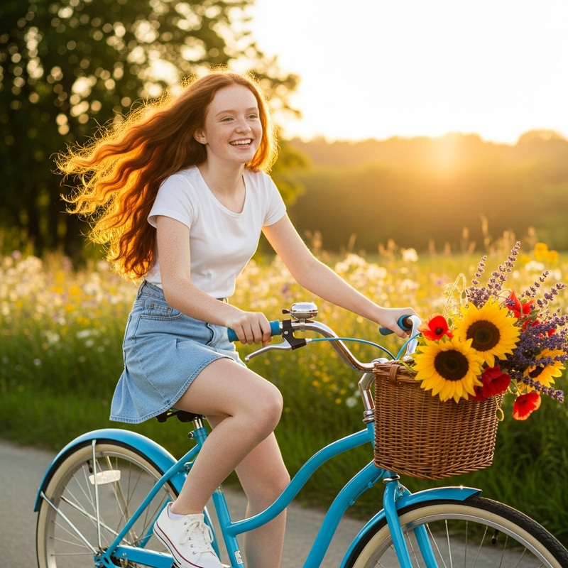 Red-Haired Girl Riding Bicycle in Skirt | Leisurely Cycle Red-Haired Girl Riding Bicycle in Skirt | Leisurely Cycle