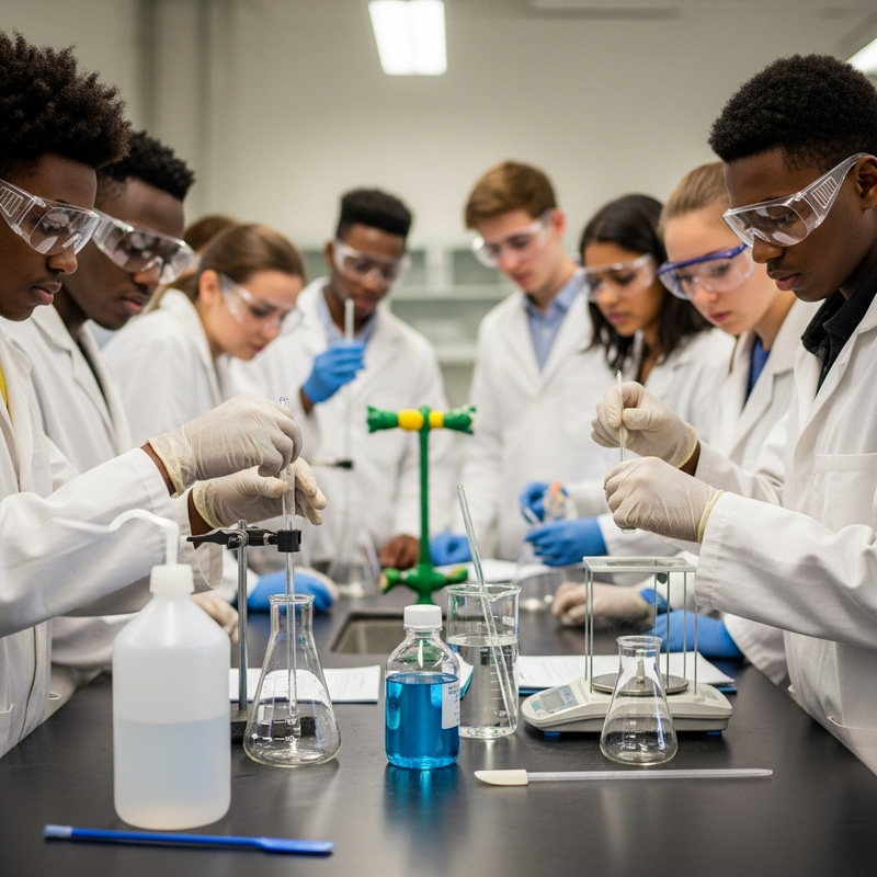 Hands-On Chemistry Lab: Diverse Students Prepare Solution Hands-On Chemistry Lab: Diverse Students Prepare Solution