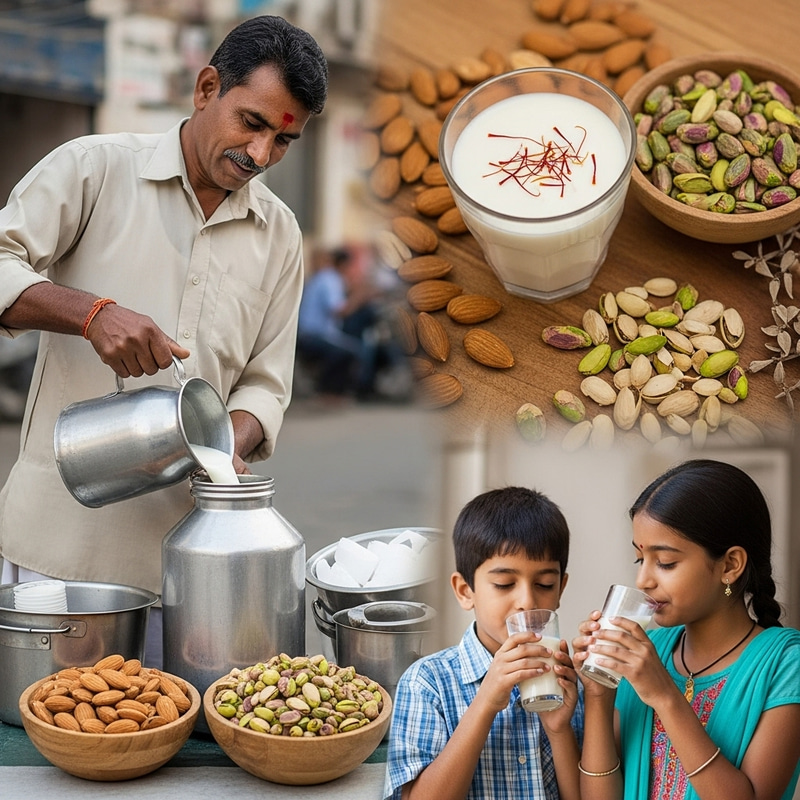 Heartwarming Scene of Indian Milk Man with Kids Drinking Almond, Pistachio, and Saffron Milk Heartwarming Scene of Indian Milk Man with Kids Drinking Almond, Pistachio, and Saffron Milk