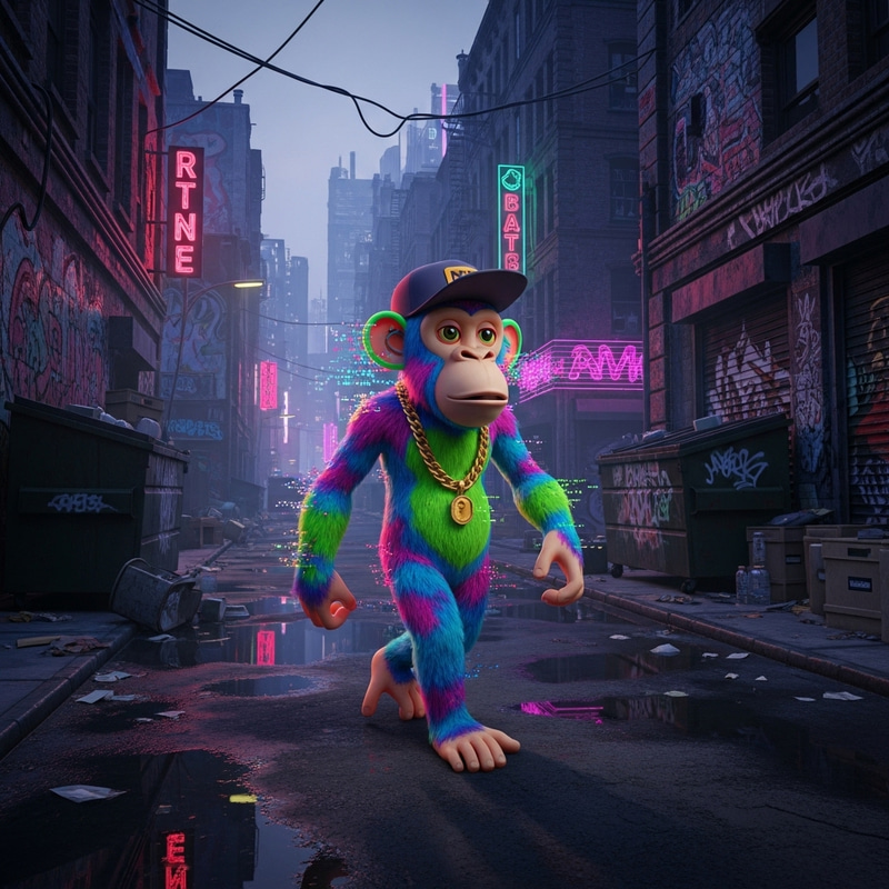 Digital Monkey in Gritty Urban Setting: NFT Art Display