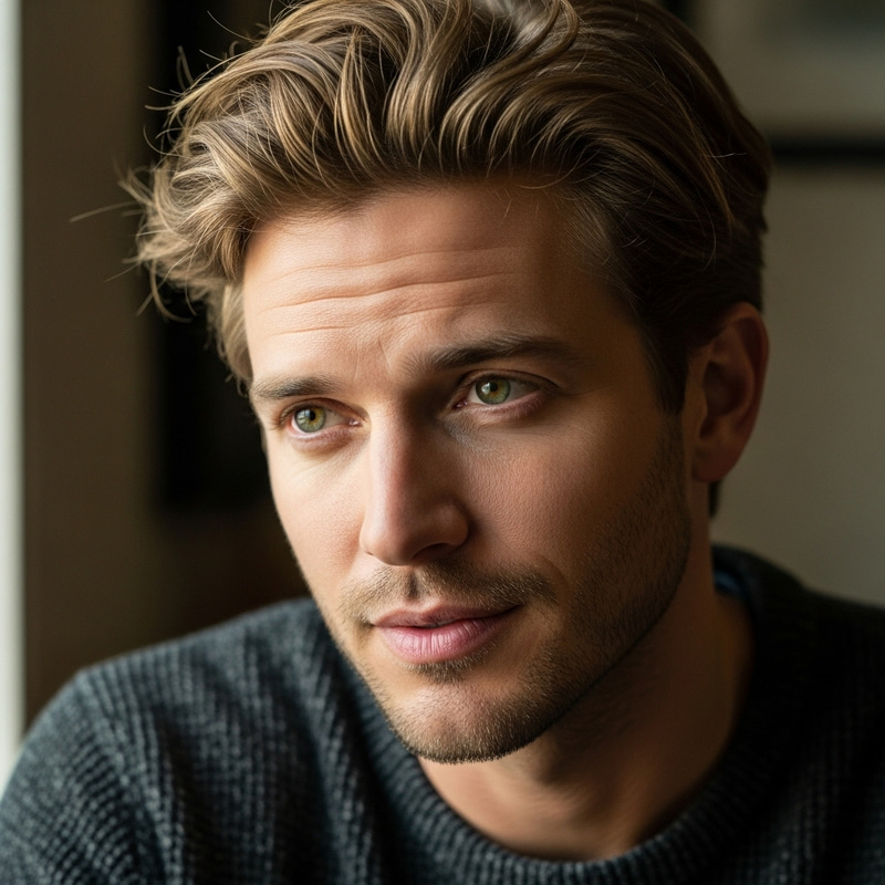 Blond Tousled Hair and Green Dreamy Eyes