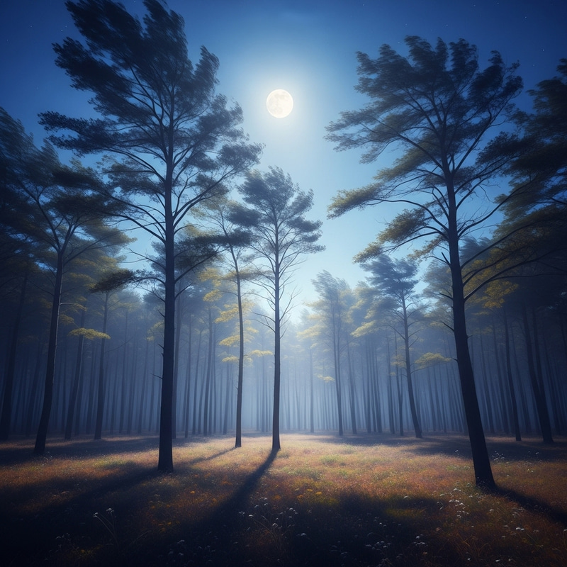 Moonlit Mystical Forest: Impressionist Scene with Ethereal Colors