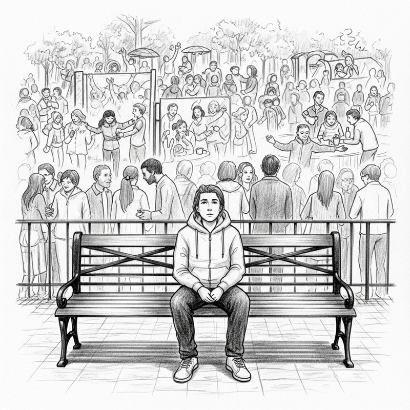 Pencil Sketch of Solitude Amidst Crowds: Loneliness Amidst Joy Pencil Sketch of Solitude Amidst Crowds: Loneliness Amidst Joy