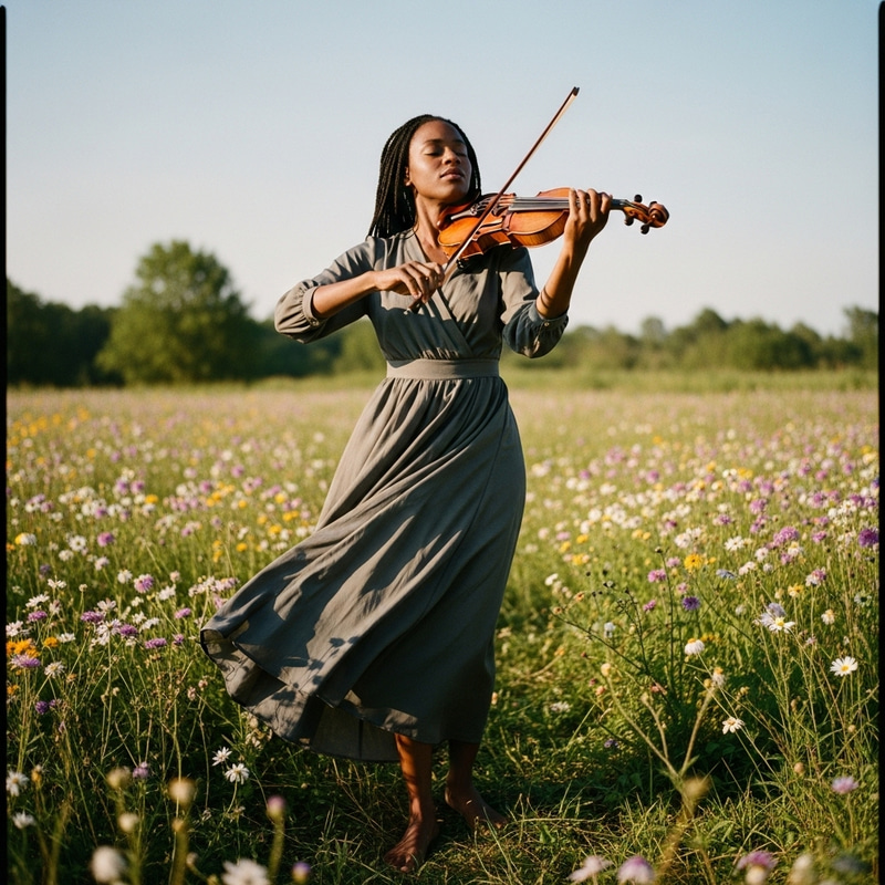 Passionate Black Woman Playing Violin in Wildflower Field | Impressionistic Photography Passionate Black Woman Playing Violin in Wildflower Field | Impressionistic Photography