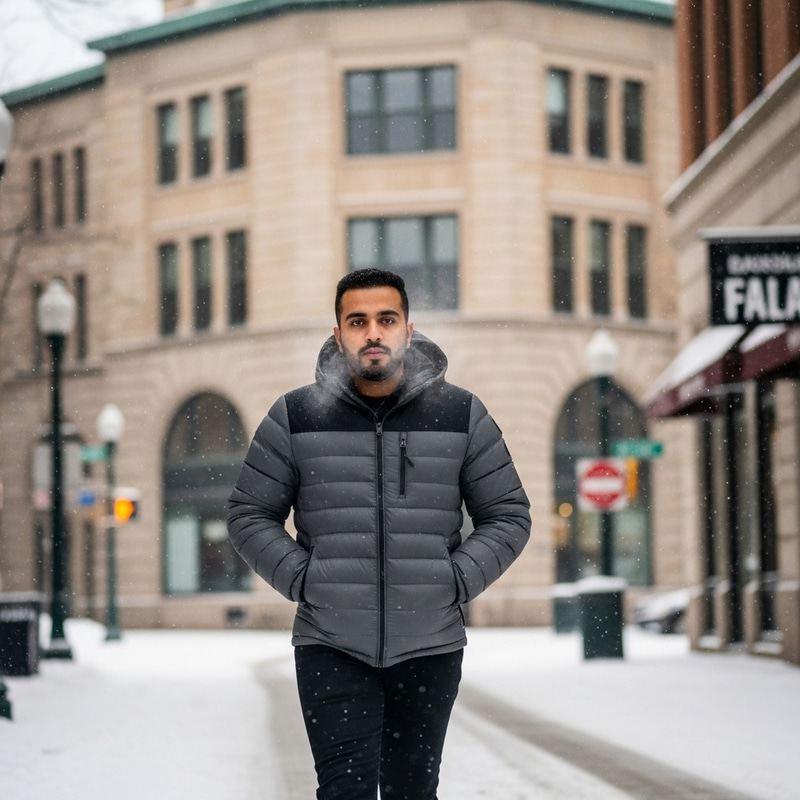 Stay Warm: Man in Down Jacket in Minneapolis Stay Warm: Man in Down Jacket in Minneapolis