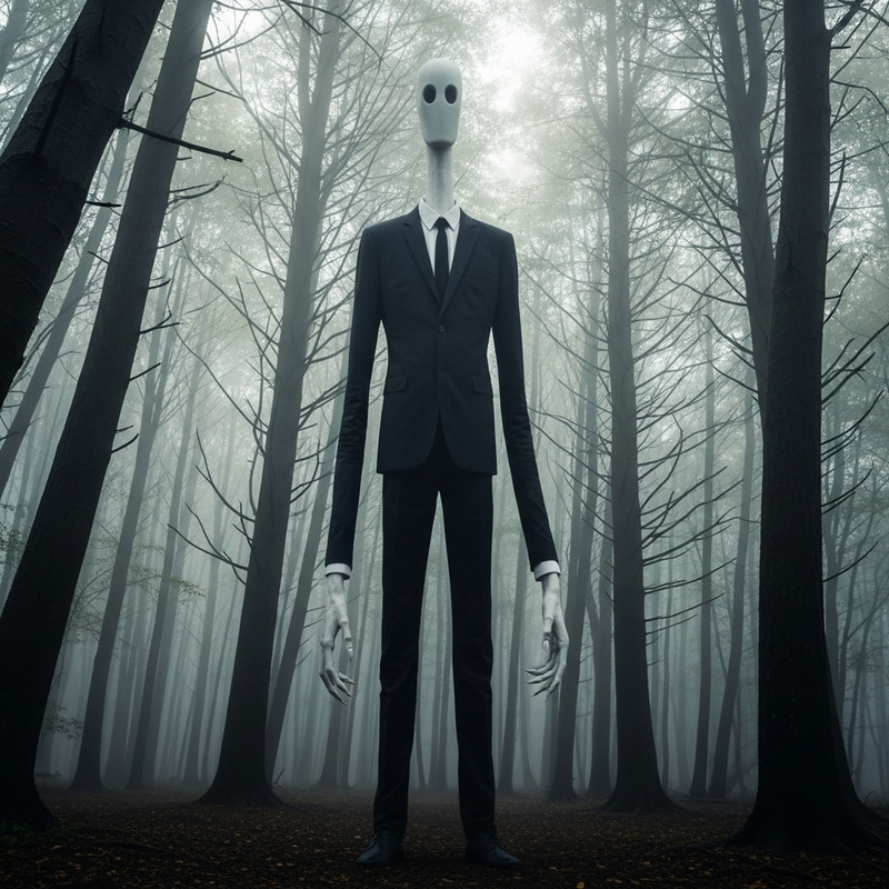 Eslenderman: Dark Suit, Faceless, Tall Figure in Foggy Forest