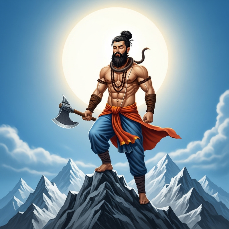 Spiritual South Asian Man on Fantastical Mountain with Impressive Muscular Form and Axe Spiritual South Asian Man on Fantastical Mountain with Impressive Muscular Form and Axe