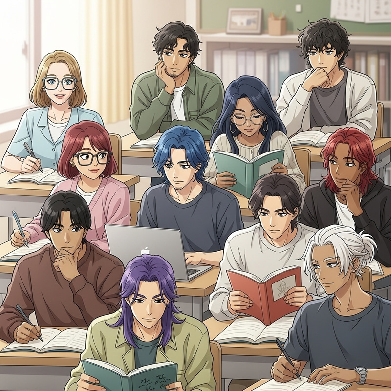 Diverse and Inclusive University Students in Anime-Style Classroom