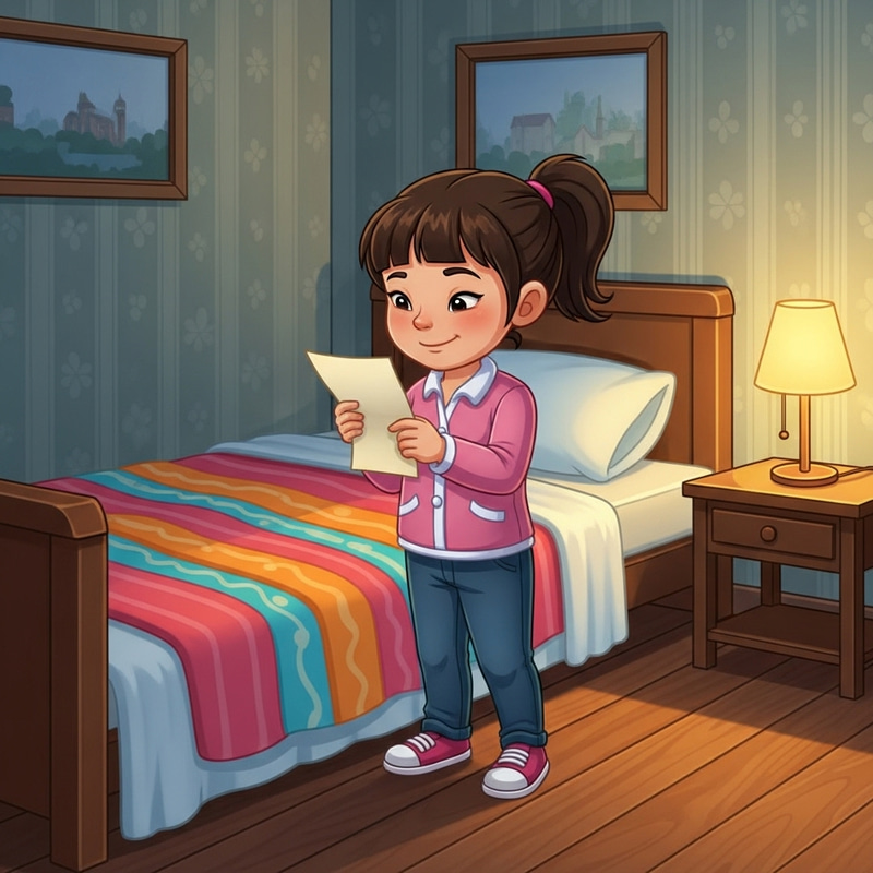 Young Asian Girl Reading Note - Cartoon Style Illustration