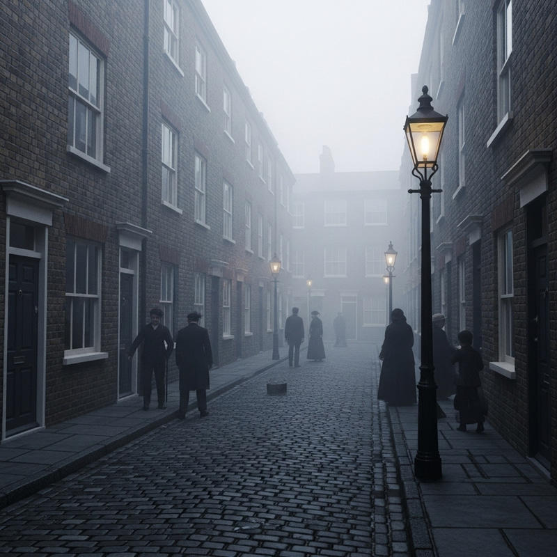 Victorian Era Foggy Alley: Eerie Scene of East End London Victorian Era Foggy Alley: Eerie Scene of East End London