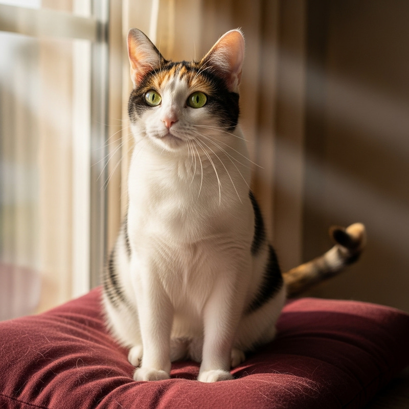 Charming Calico Cat on Plush Cushion | Playful Kitty Image Charming Calico Cat on Plush Cushion | Playful Kitty Image