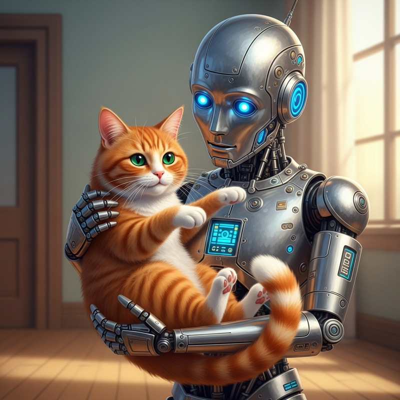 Silver Robot Holding Orange Cat in Serene Room Setting