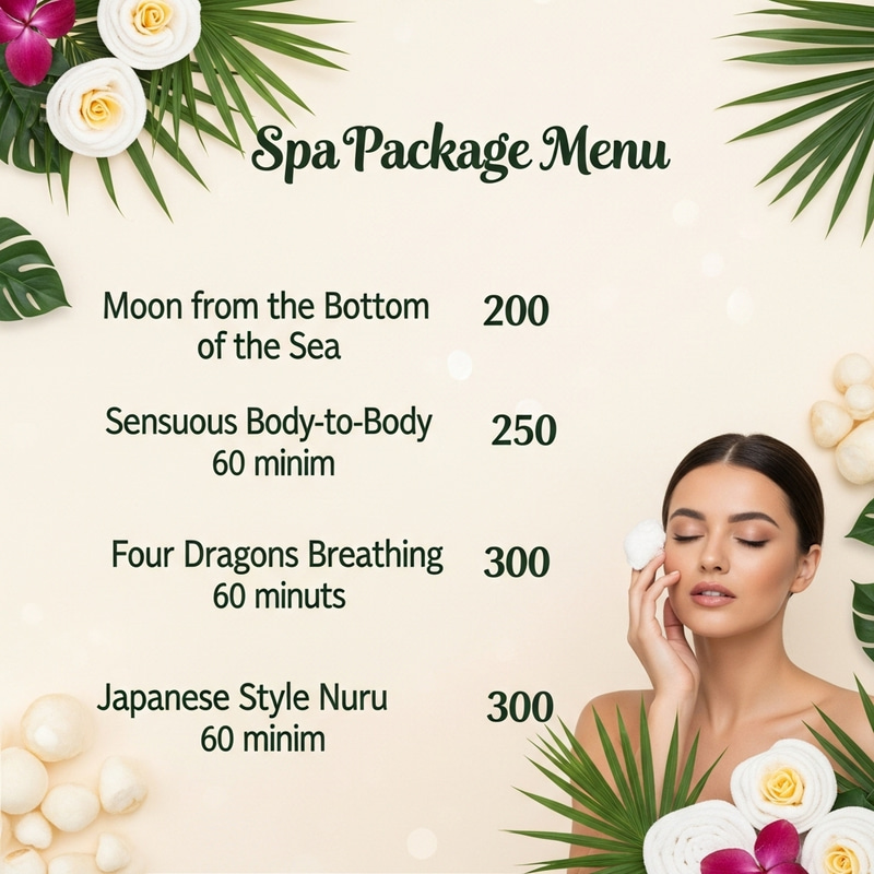 Visually Appealing Spa Package Menu - Moon, Sensuous B2B, Four Dragons, Japanese Nuru Visually Appealing Spa Package Menu - Moon, Sensuous B2B, Four Dragons, Japanese Nuru