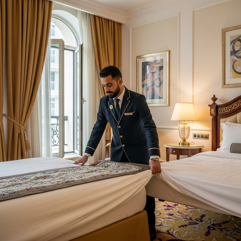Middle-Eastern Hotelier Adjusting Bed in Luxurious Room Middle-Eastern Hotelier Adjusting Bed in Luxurious Room