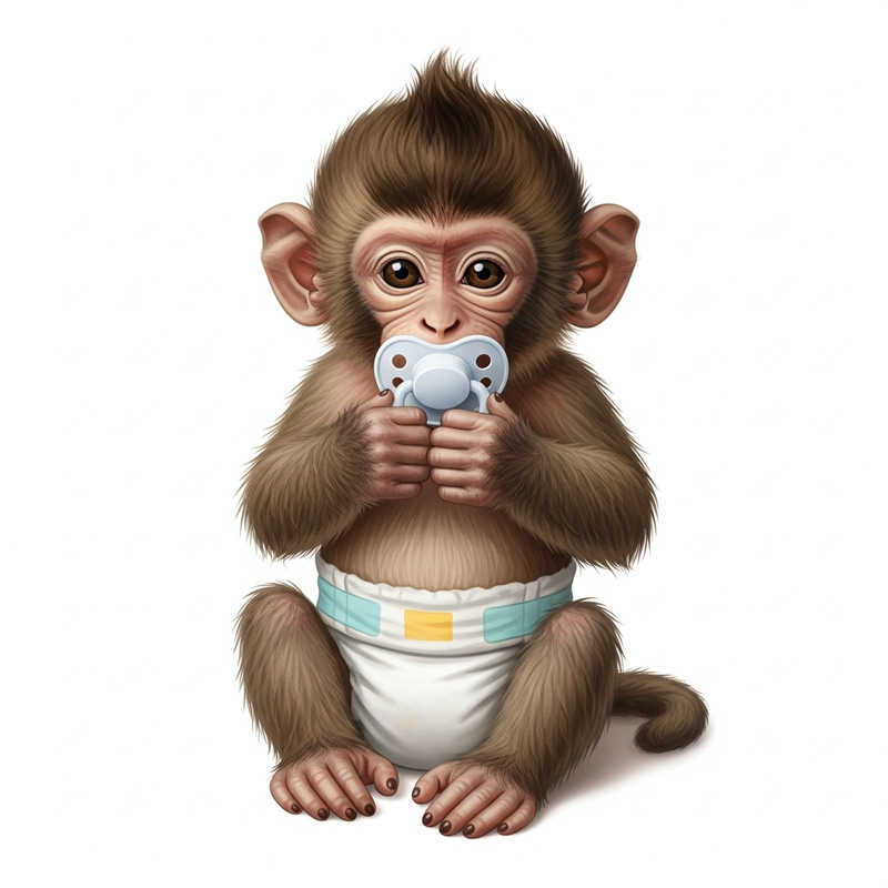 Innocent and Playful Monkey with Pacifier in Nappy Innocent and Playful Monkey with Pacifier in Nappy