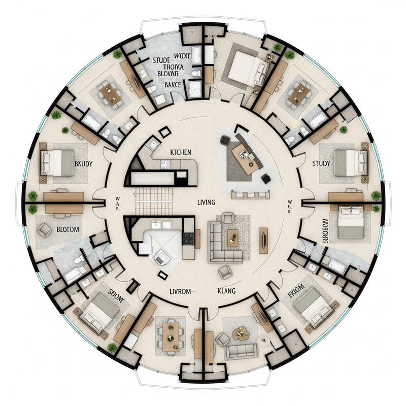 Circular Floor Plan Design: Symmetrical Layout & Room Distribution