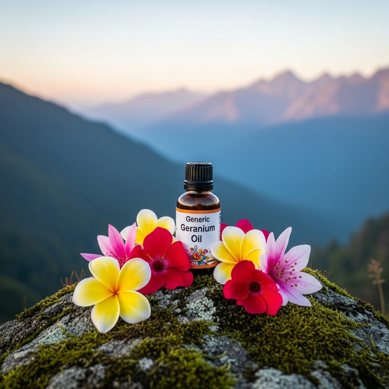 Geranium Oil Bottle in Ethereal Tropical Nature with Mountain Silhouette Geranium Oil Bottle in Ethereal Tropical Nature with Mountain Silhouette