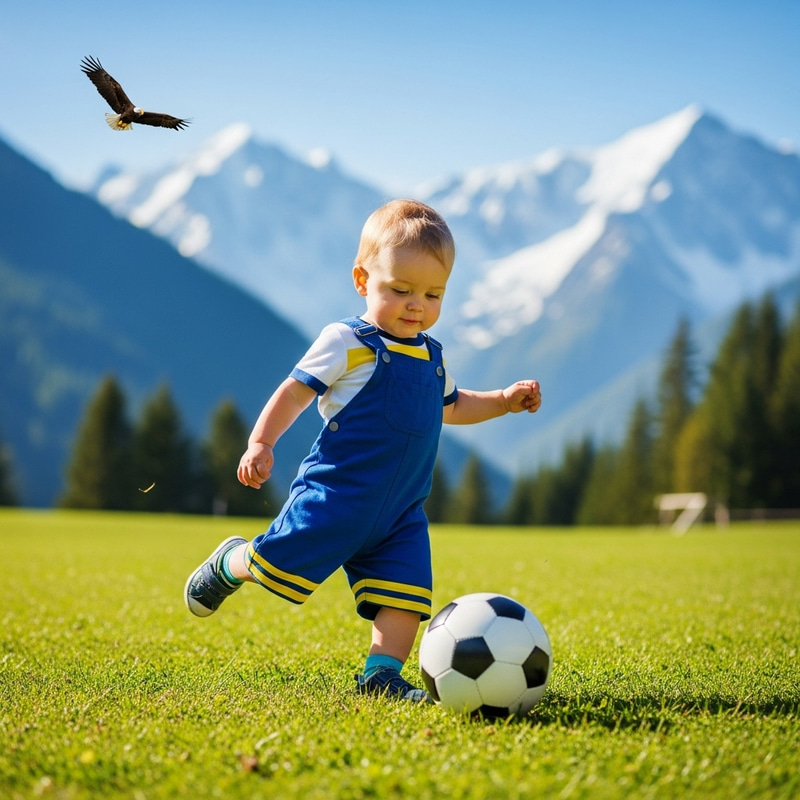 Adorable Baby Boy Playing Football on Mountain Field Adorable Baby Boy Playing Football on Mountain Field