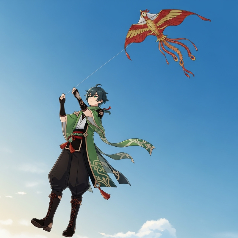 Xiao Flying Kite in Genshin Impact | Tranquil Scene Xiao Flying Kite in Genshin Impact | Tranquil Scene