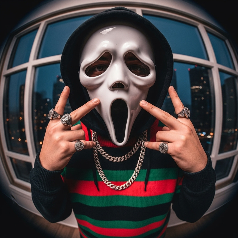 Urban Nightlife: Ghostface Mask, Rings & Hip-Hop Style