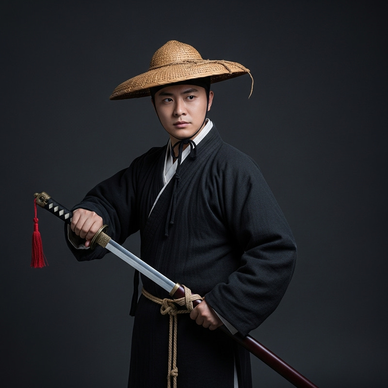 Man in a Black Robe with Straw Hat Holding a Slender Sword