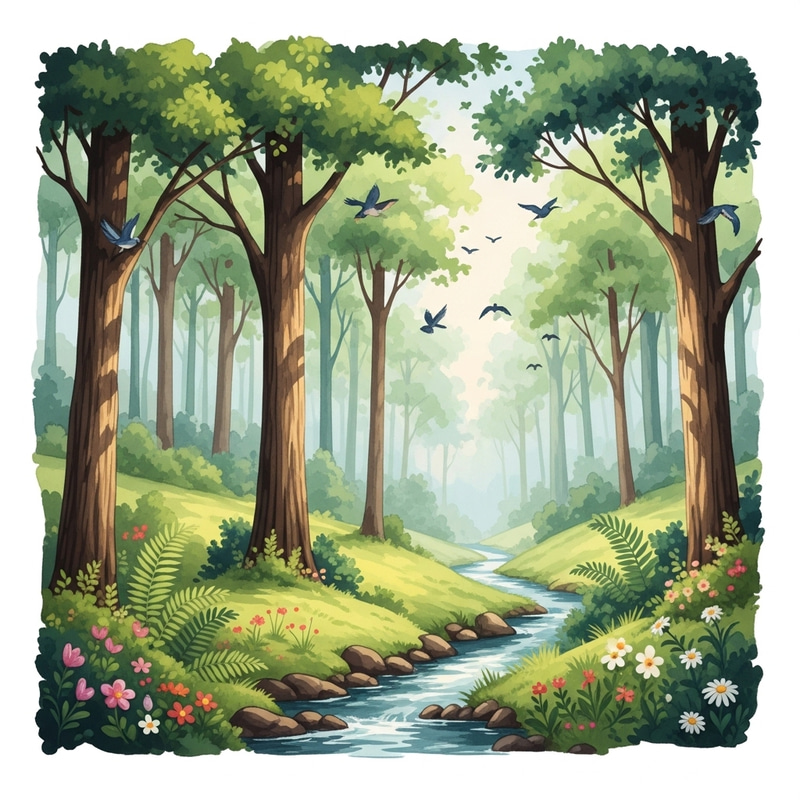 Peaceful Forest Watercolor Painting