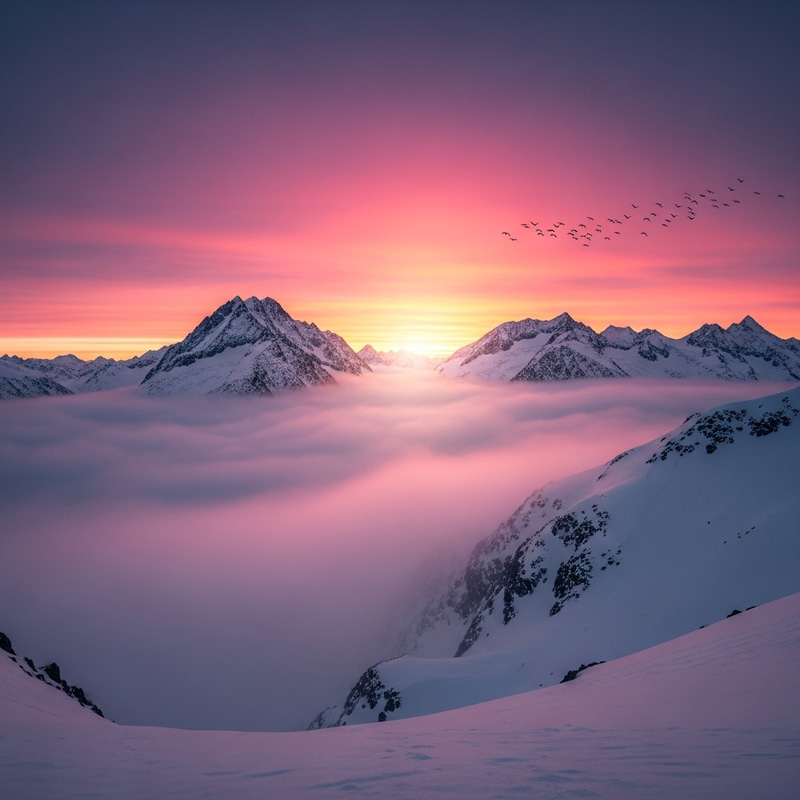 Misty Snow-Covered Mountains at Dawn Misty Snow-Covered Mountains at Dawn