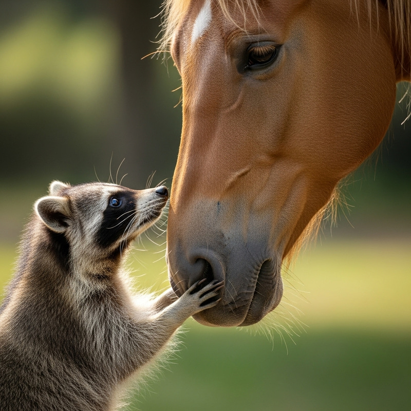 Raccoon Face-to-Face with Horse Encounter Raccoon Face-to-Face with Horse Encounter