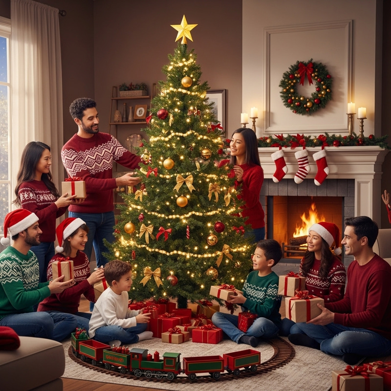 Festive Christmas Tree Decorating Scene Festive Christmas Tree Decorating Scene